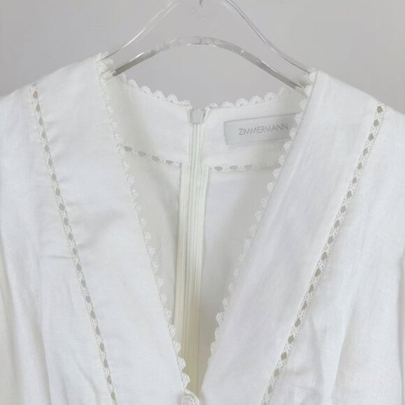 Romantic White Lace Dress: V - Neck, Puff Sleeves & Tiered Skirt - Picture 4 of 8